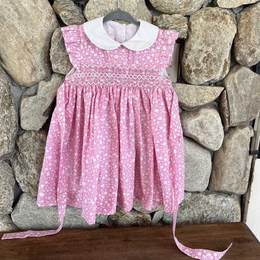 Petit Bebe Girls Blue Smocked Embroidered Football Bishop Dress Sz18m *imperfect